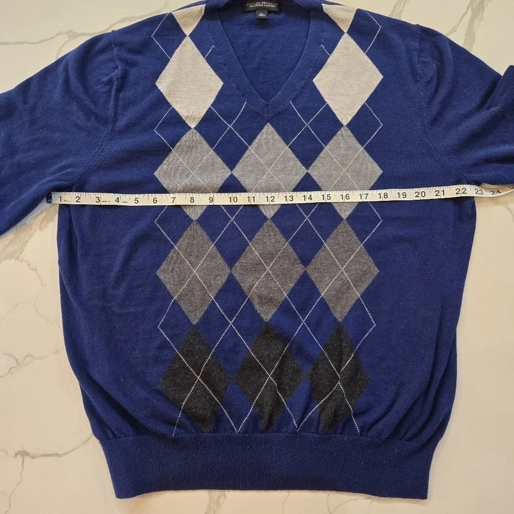 Banana Republic Silk Cotton Cashmere V-Neck Argyle Sweater Mens XL Blue Black